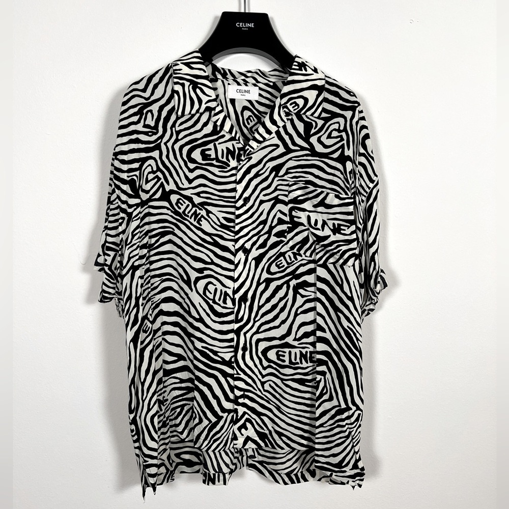CELINE Loose Fit Hawaiian Shirt in Black/White Viscose with Celine Zebra Print